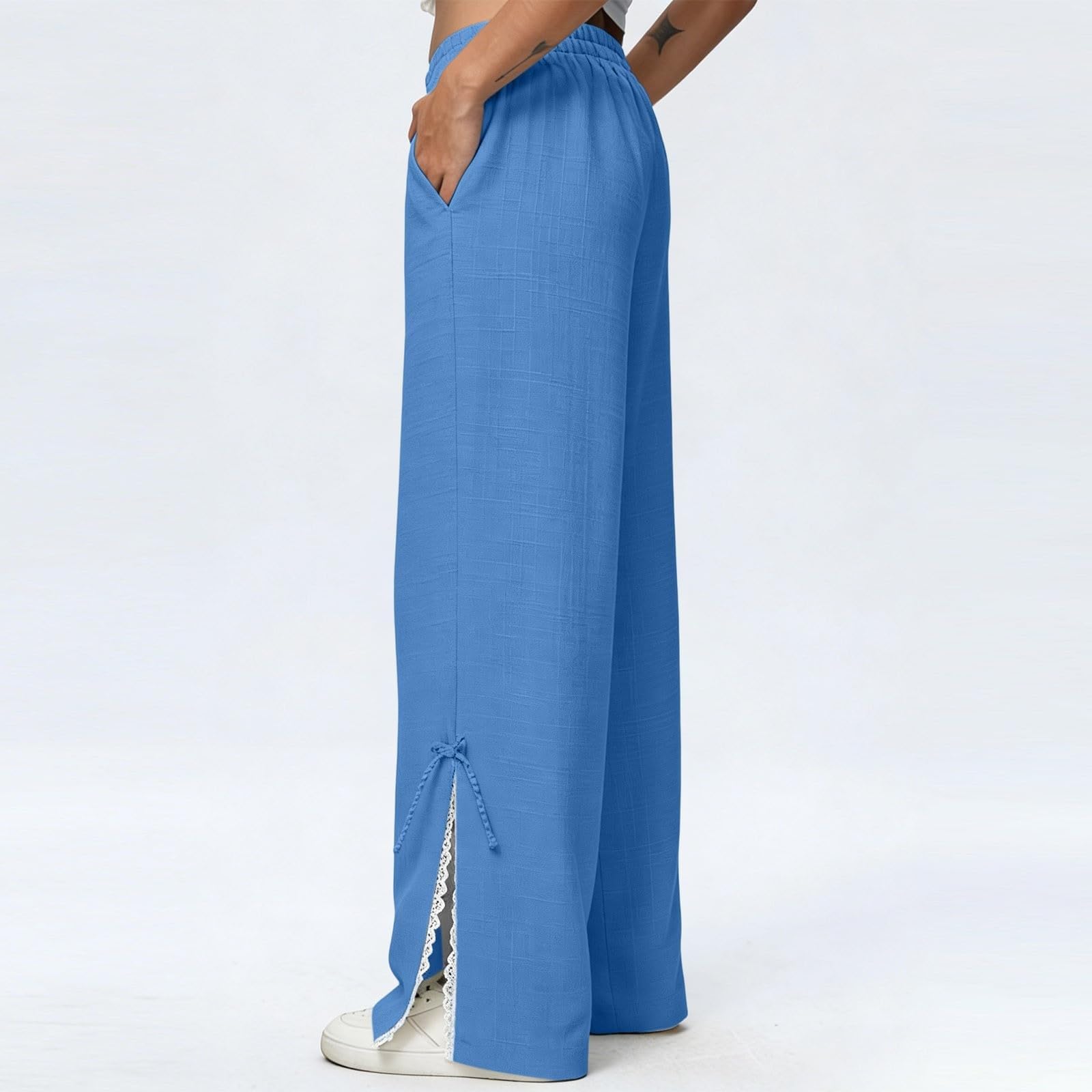 Womens Cotton Linen Palazzo Pants Casual Wide Leg Lace Side Slits Slacks Loose Gauze Beach Vacation Clothes Linen Outfits Women Sky Blue
