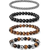 Ptwola 4 Pcs Beaded Bracelets for Women Stretch Adjustable Gemstones Bracelet 8MM Tiger Eye Bracelet Stack Bead Ball Bracelets Adjustable Jewelry Set for Men Women Gifts