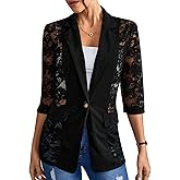 MINTLIMIT Women's Lace Blazer Open Front Button Down Sheer Mesh Blazer Elegant 3/4 Sleeve Casual Blazers Jacket
