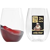 JOLLY CHEF 24 Pack 16oz Plastic Wine Glasses Stemless, Disposable Wine Cups, Premium Quality, Recyclable, Unbreakable, Ideal for Wedding, Birthday, Party, Christmas