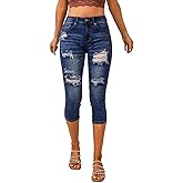 Vetinee Women's High Waisted Casual Ripped Skinny Slim Fit Stretch Denim Capri Jeans