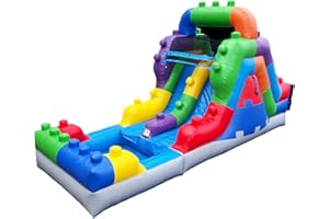 HERO KIDDO Herokiddo Block Party 12’ Tall Dual Lane Backload Inflatable Water Slide with Attached Pool, for Kids and Adults, Commercial Grade PVC Vinyl, Outdoor Backyard Fun, Blow Up Water Park, Blower Included