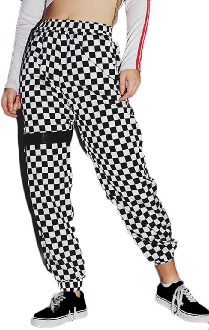 Women Casual Sweatpants Elastic Waist Harem Checkered Jogger Pants