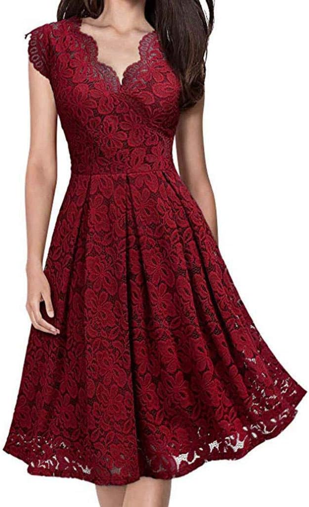 Women Vintage Sleeveless Floral Lace V Neck Sexy Elegant Cocktail Bridesmaid Party Dress