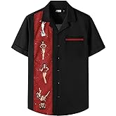 JOGAL Men's Bowling Shirts 50s Rockabilly Short Sleeve Button Down Shirt Beach Aloha Style Hawaiian Shirts