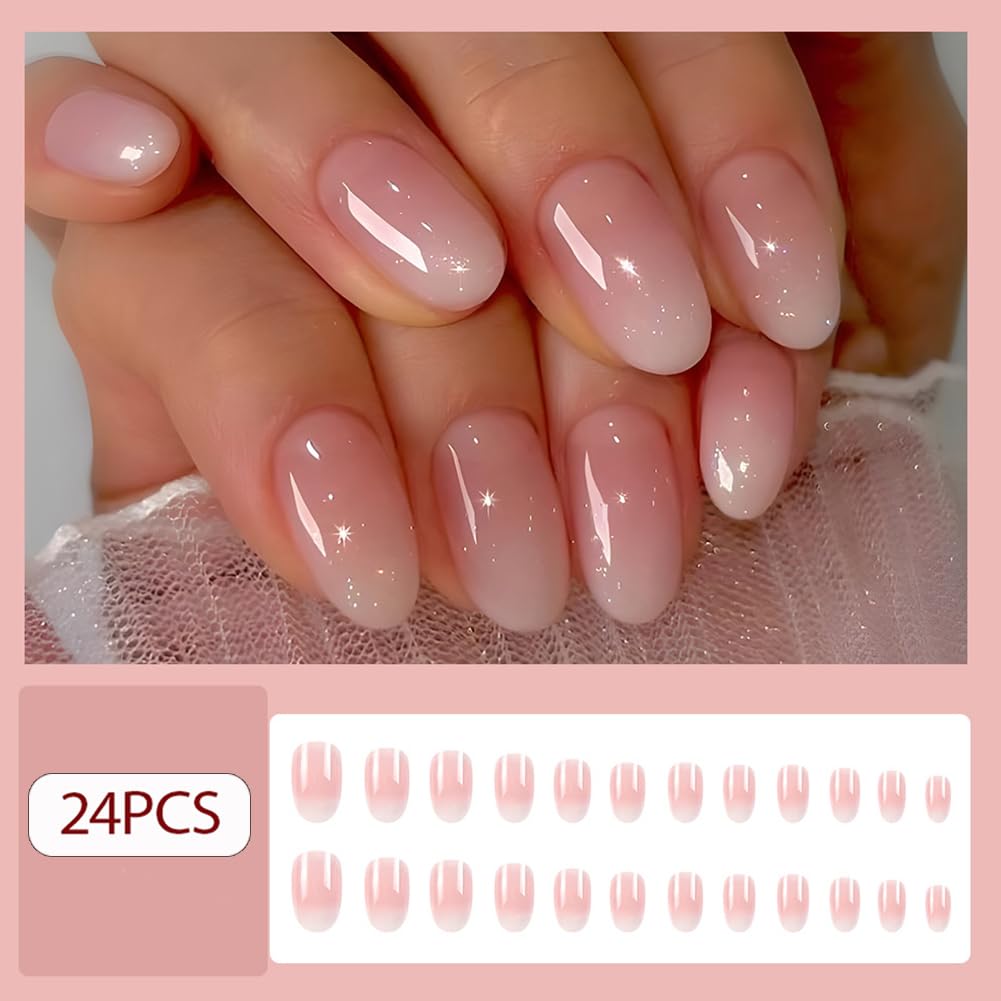 Almond Press on Nails,Acrylic Nails Press on, Almond Shape Press On Nails Short Fake Nails Glossy False Nails with Pink White Ombre Press ons Designs Artificial Nails Stick on Nails for Women 24Pcs - Image 2