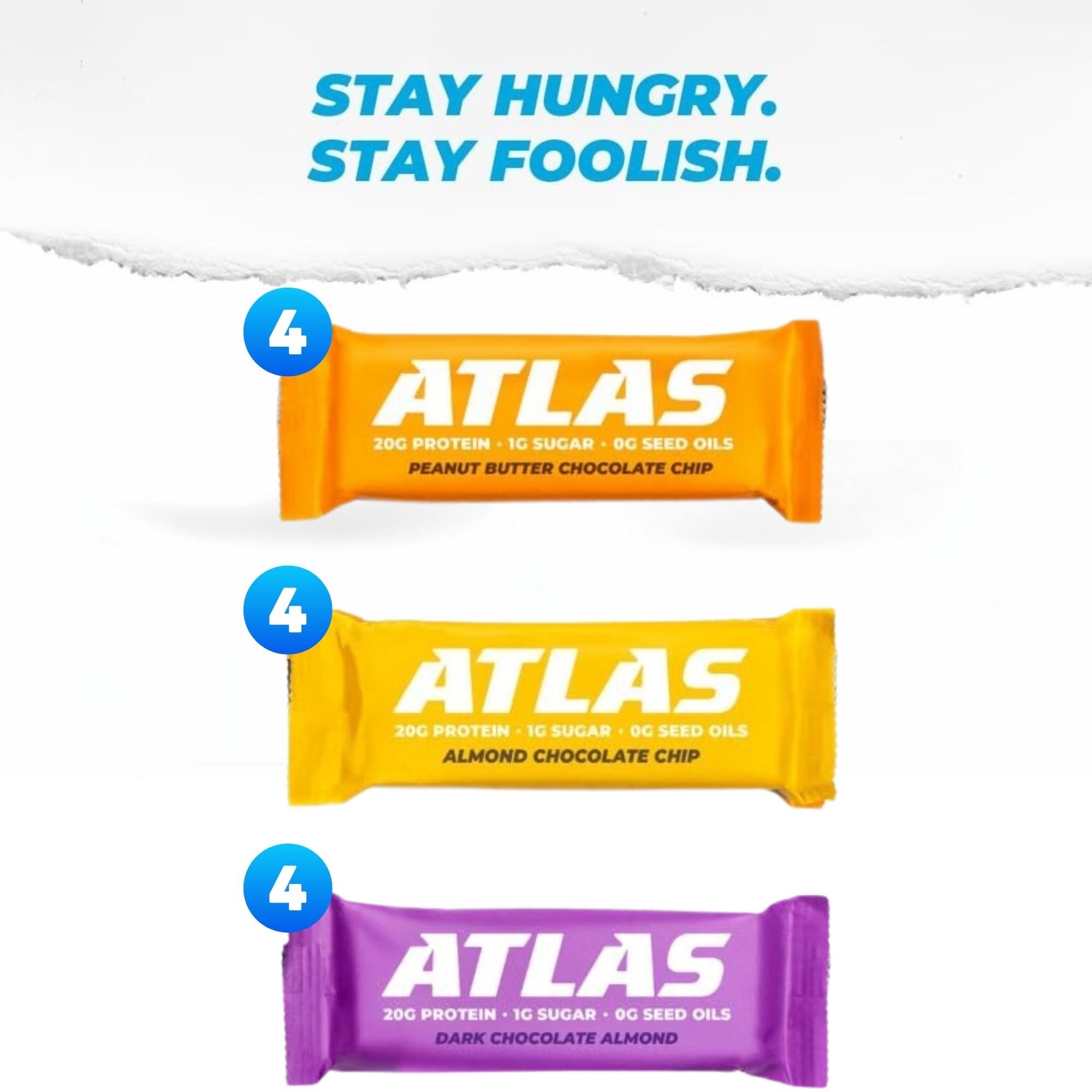 Atlas Protein Bar, 20g Clean Protein, 1g Natural Sugar, No Seed Oils, Gluten Free, No Artificial Sweeteners, Ultimate Whey Variety, 12 Pack
