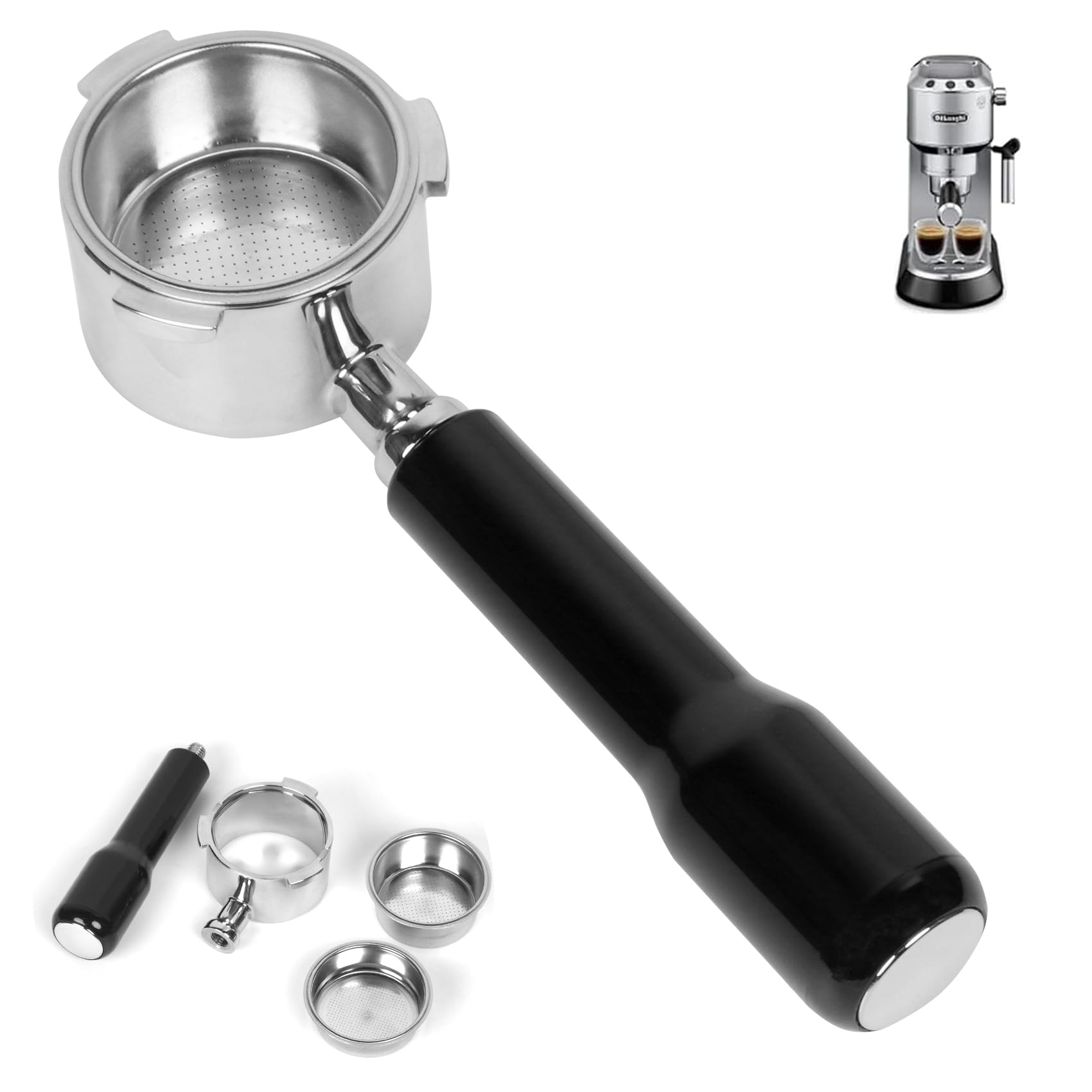 Photo 1 of 51mm Bottomless Portafilter, 3-Ear Design, Only Compatible with Delonghi Dedica EC680/EC685, Stainless Steel 51mm portafilter with Single/Double Shot Capacity Cup, 2 Filter Basket, Black