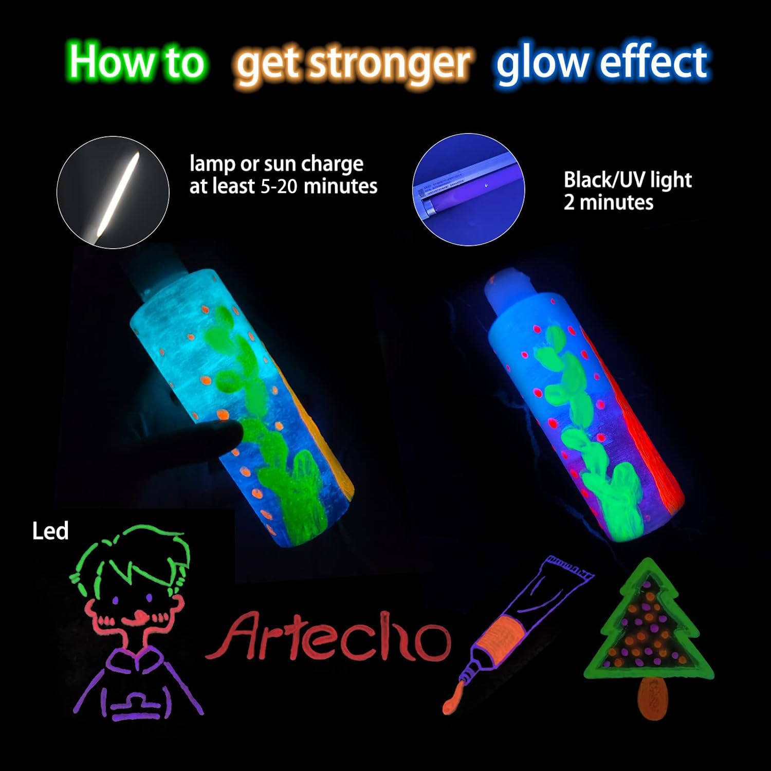 Artecho Glow in the Dark Paint 8 Colors, 20 ml / 0.7 oz Acrylic Paint for Decoration, Art Painting, Outdoor and Indoor Art Craft, Supplies for Canvas, Rock, Wood, Waterproof Rich Pigments