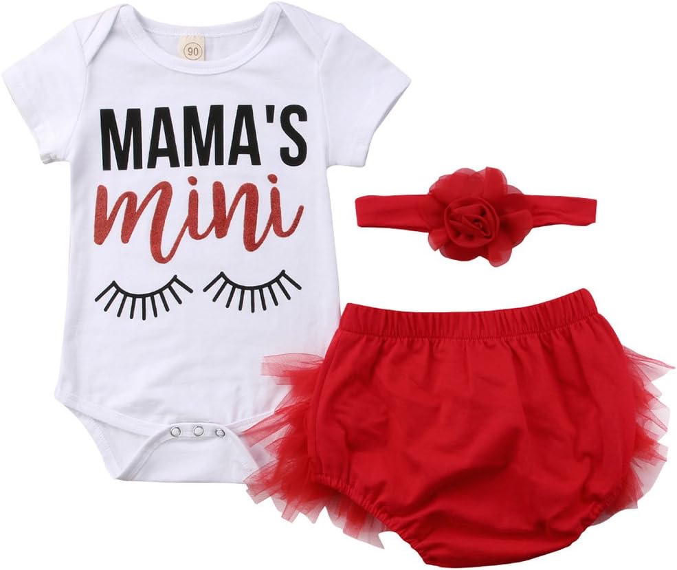 Emmababy Newborn Kids Baby Girl Romper Mama's Mini Bodysuit + Lace Tulle Shorts Pants Headband Outfit 0-24M