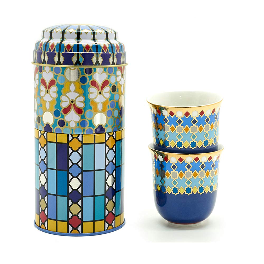 Images D'Orient Gift Set, 2 in 1 - Metal Cans with 2 x 90ml Espresso Cups, Mocca Cups, Arabic Pattern. Very Colourful