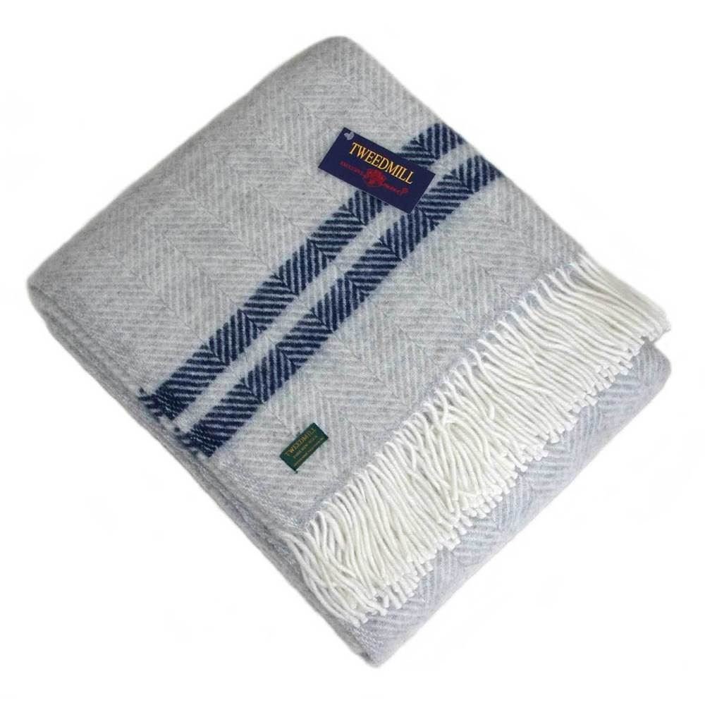 Tweedmill Textiles 100% Pure Wool Blanket Fishbone Design in Grey with Navy Stripe