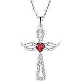 JO WISDOM Guardian Angel Wings Cross Necklace 925 Sterling Silver Cubic Zirconia Heart Birthstone Pendant Jewelry for Women
