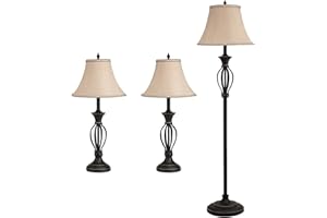 GZBtech Lamp Set of 3 for Living Room, Rustic Farmhouse 1 Floor Lamp 2 Table Lamps with Beige Fabric Lampshade and Black Metal Base, 110V ETL Listed 3 Pcs Bedroom Office Matching Scroll Lamps Set