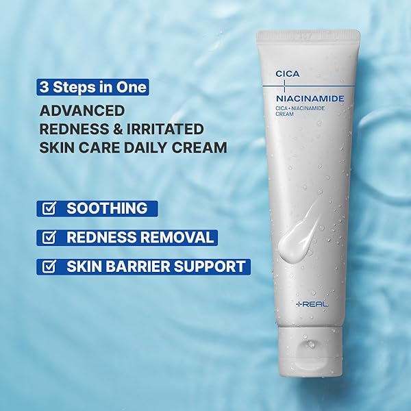 PLUSREAL CICA + NIACINAMIDE REDNESS RELIEF & SKIN BARRIER REPAIR CREAM FOR DRY AND SENSITIVE SKIN | KOREAN SKINCARE | FRAGRANCE FREE | VEGAN | CENTELLA ASIATICA CREAM WITH NIACINAMIDE, 2.02 FL.OZ