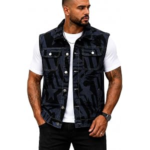 MICKASON Men's Denim Vest, Sleeveless Jean Jacket, Ripped Trucker Vest with Pockets, All-Season Streetwear