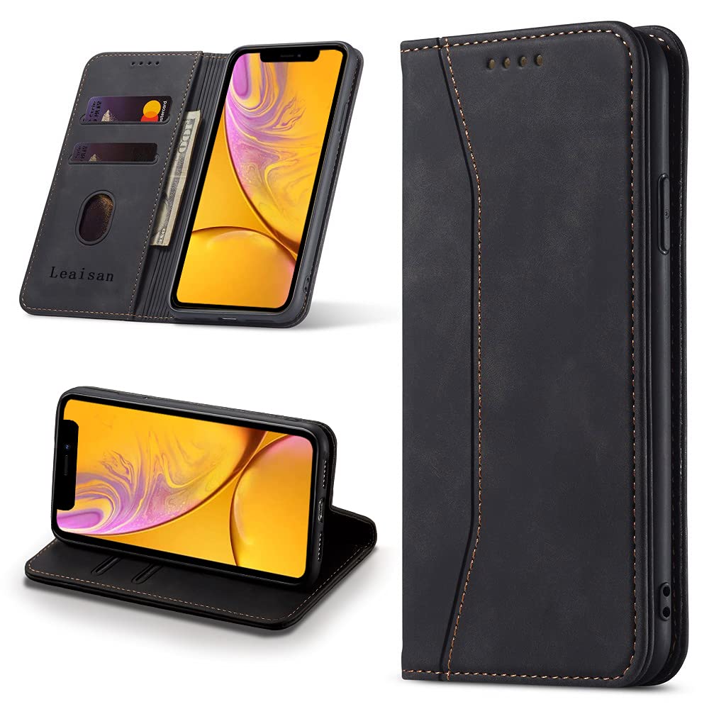 Leaisan iPhone XR Case Premium Leather Flip Foldable Shockproof Magnetic Stand Function Card Slots Protective Case - Black