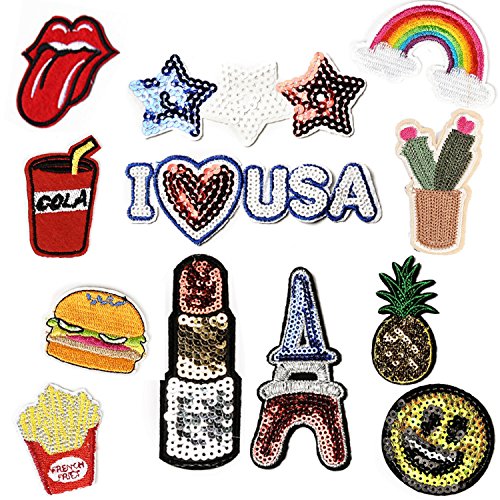 12 Pcs Iron On Embroidered Motif Applique Glitter Sequin Decoration Patches DIY Sew on Patch for Jeans, clothing (Style-001)