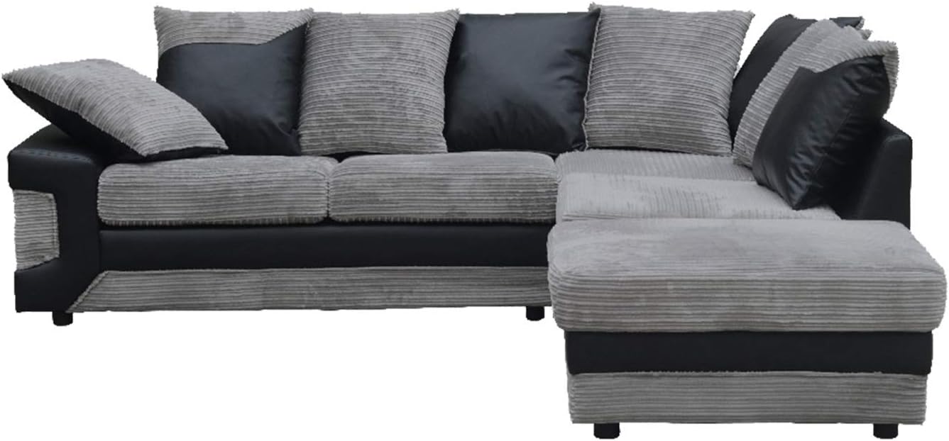 Veggo EXTRA LARGE 3/4 SEATER CORNER SOFA FOOTSTOOL BLACK GREY RIGHT