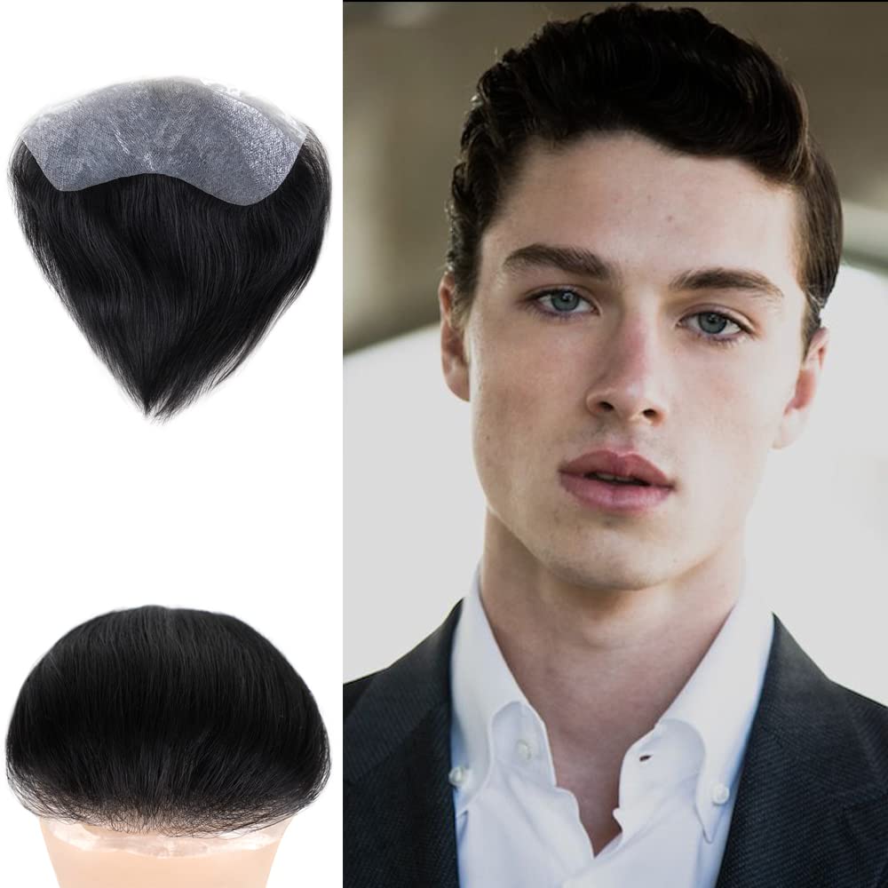 Lordhair V-Shape Frontal Hairpiece for Men, Natural Human Hair System with PU Thin Skin for Receding Hairline Coverage