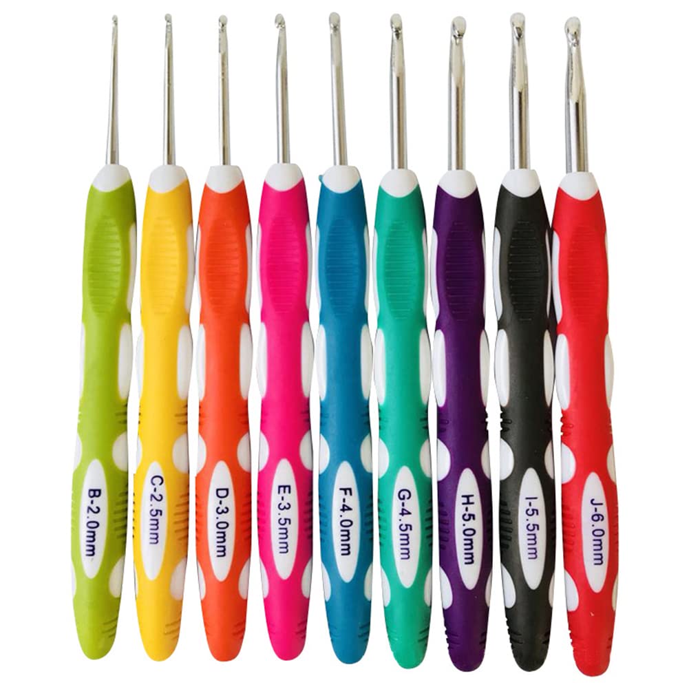 Ericotry 9 Pieces Crochet Hooks Ergonomic Ergonomic Crochet Hooks Set Soft Grip Handle Knitting Needles Craft Making Tool for Arthritic Hands Size B to J 2.0mm-6.0mm