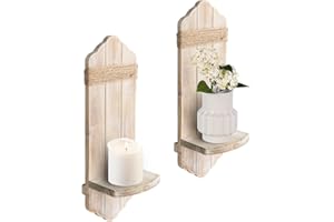 CEDARLUX Rustic Washable White Wood Wall Candle Sconces Set of Two, Farmhouse Wooden Candle Holder Decor for Fireplace, Hallway, Living Room, Bedroom