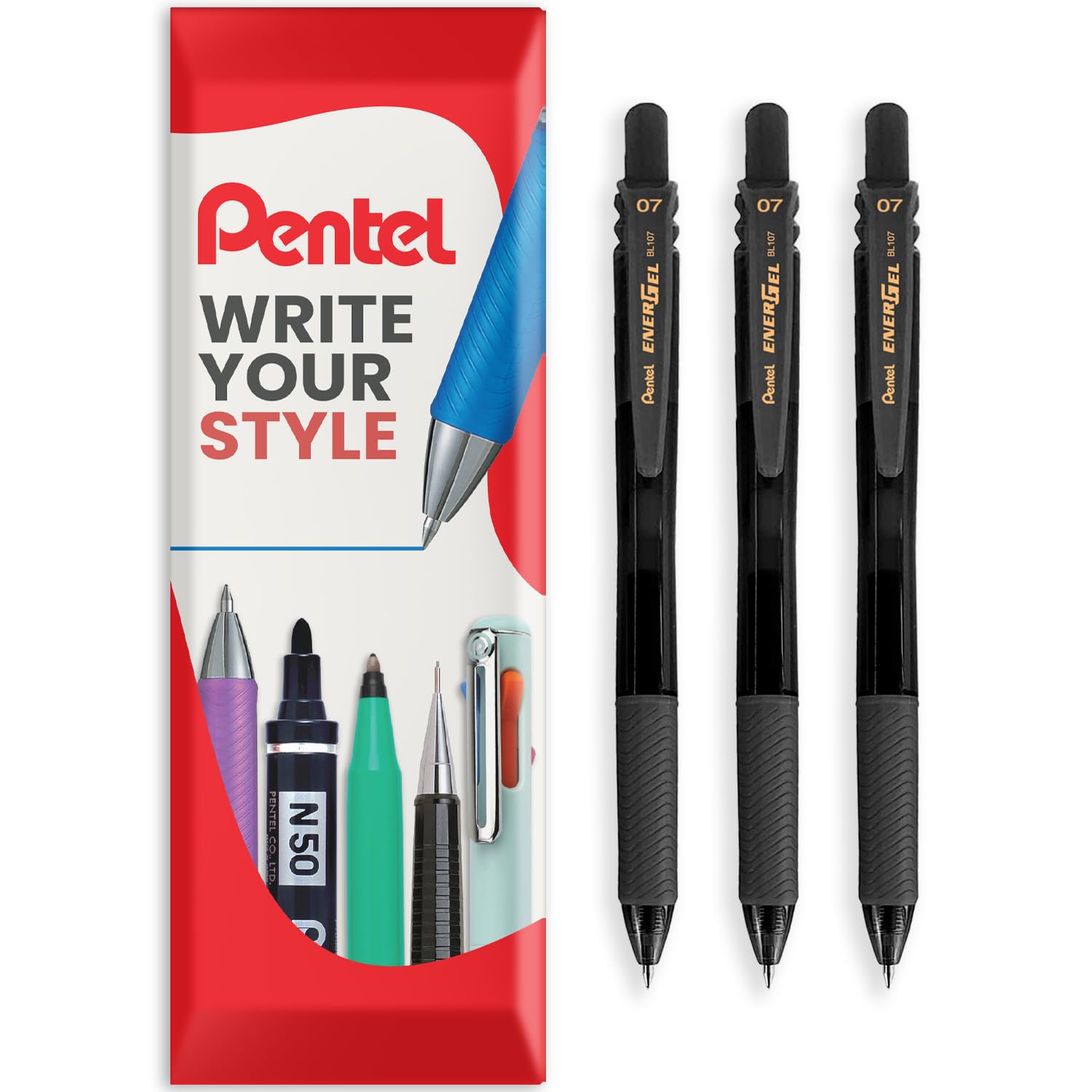 Pentel Energel X BL107 Retractable Gel Rollerball Pens - 0.7mm Nib - Pack of 3 - Black Ink - In Envelope Gift Packaging