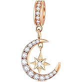 Rose Gold Crescent Moon Star Pendant Charms fit Pandora Valentines Bracelet, Sterling Silver I Love You to The Moon and Back Starry Night CZ Beads, Gifts for Bride/Couple/Wedding