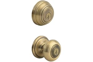 Kwikset Juno Keyed Entry Door Knob and Single Cylinder Deadbolt Combo Pack with Microban Antimicrobial Protection featuring SmartKey Security in Antique Brass, 99910-033