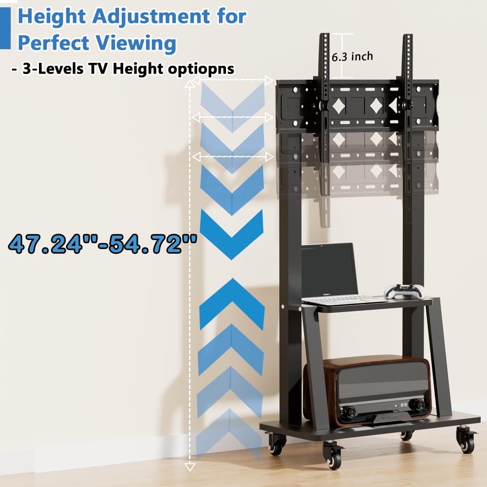 Duiliuu Mobile TV Stand with Wheels, Rolling TV Stand on Wheels for 32-75 inch Television, Mobile TV Cart Height Adjustable,15° Adjustable Viewing Angle,Max 130LBS, Vesa max 600×400
