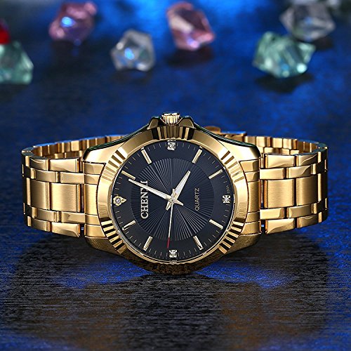Fanmis Men's Luxury Analog Quartz Watch IP Gold Plating Stainless Steel Black Dial with Rhinestones Business Wrist Watch