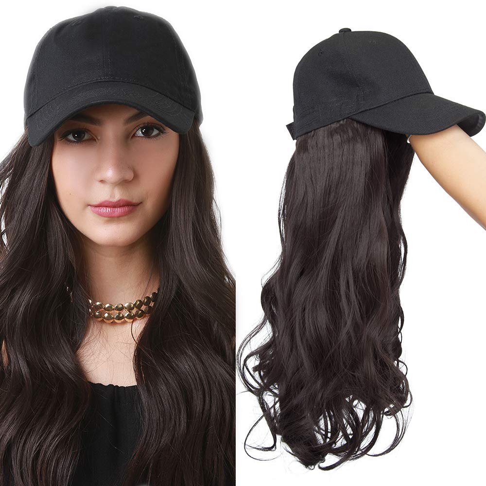 16 Inch Baseball Cap With Hair Extensions Natural Synthetic Hair With Attached Black Hat With Long Wavy Hair Extensions For Women Daily Party Use - Dark Brown — image 1