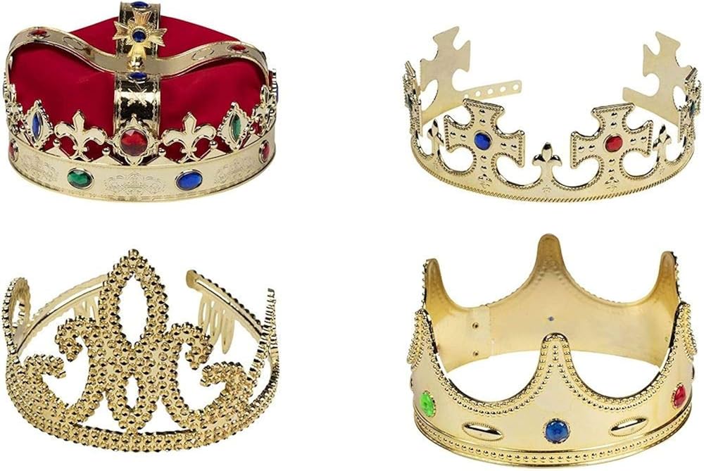 Gold Crown - 4-Pack Royal King and Queen Jeweled Costume Accessories, Party Hat: Clothing
