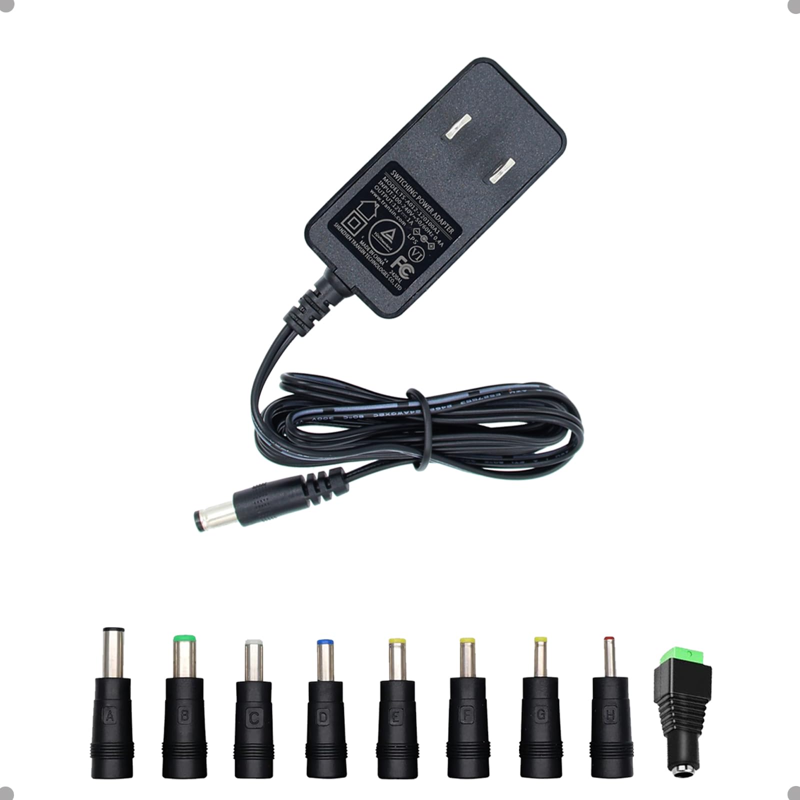 Photo 1 of 12V 1A 0.8A 0.5A 5FT Power Supply Adapter 12W AC DC Adapter with 5.5 x 2.1mm Plug and 9 Interchangeable Jacks Plug for LED Strip Light BT Speaker GPS Webcam Router etc, 1 Pack