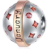 Jan-Dec Birthstone Planet Ball Charms with 12 Month Birthday Stone, 925 Sterling Silver 2 Tone Rose Gold Round Globe Beads, fits European Snake Charm Bracelet, Gifts for Mom/Wife/Father/Children/Grandma