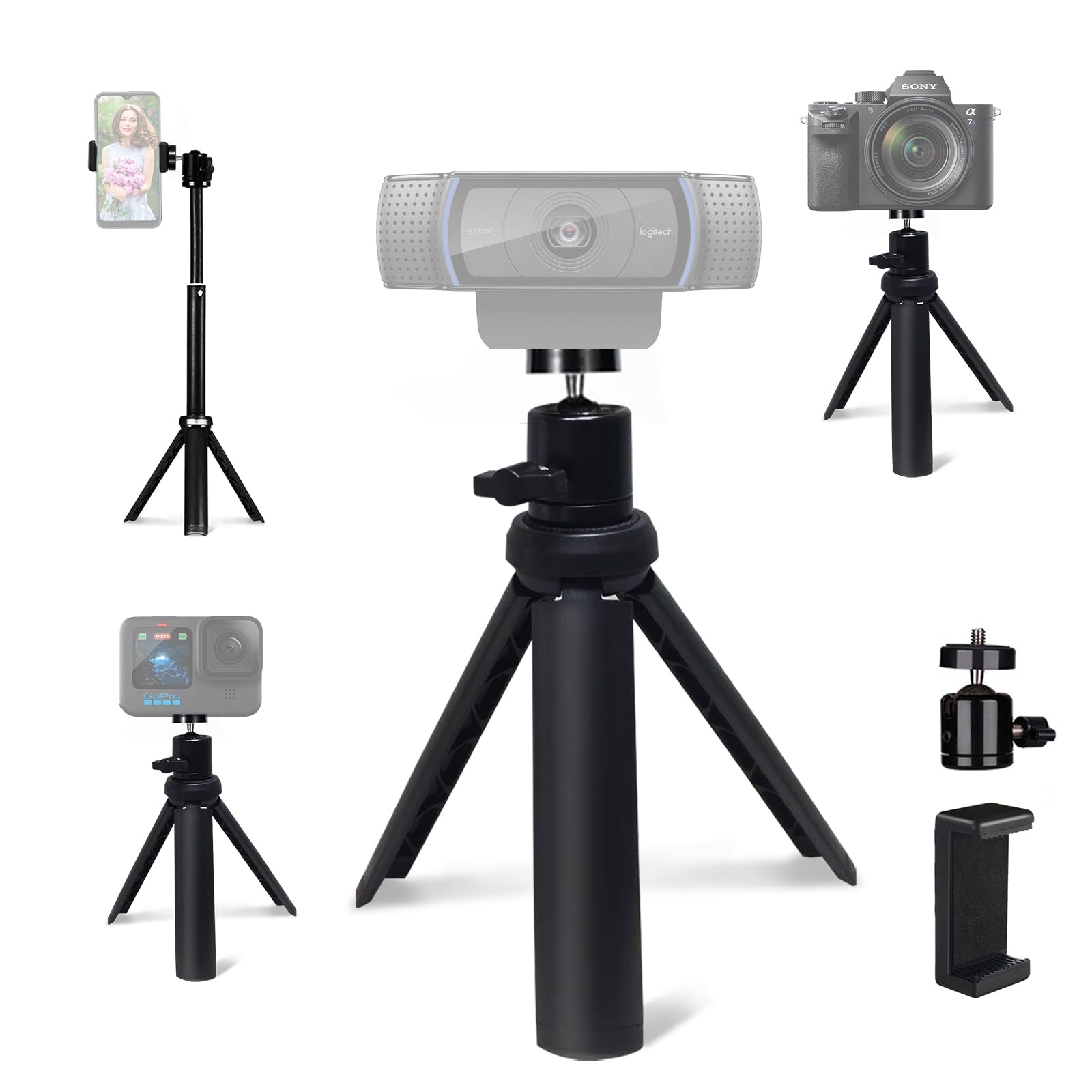 NexiGo Lightweight Mini Tripod for Camera/Phone/Webcam, Extendable Tripod Stand Compatible with NexiGo Logitech Webcam C920 C922 Brio iPhone/Android/Camera, for Vlogging, Live Streaming, Zoom Meeting