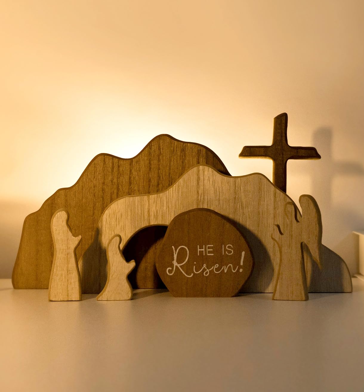 Photo 1 of ?He is Risen?Empty Tomb Scene Spring Easter Decorations, Jesus Nativity Resurrection Figurines Set With Wooden Cross For Home, Office, Table, Shelf, Mantle Decor – Christian Catholic Religious Gifts