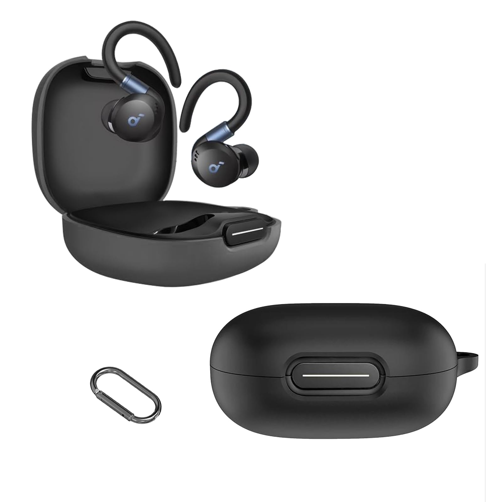 KZIOACSH Silicone Case for soundcore Sport X20, Ultra Slim Anti-Scratch Anti-Lost Protective Earbuds Case Lightweight Washable Sumdge-Proof Earphone Skin Cover with Carabiner, Black