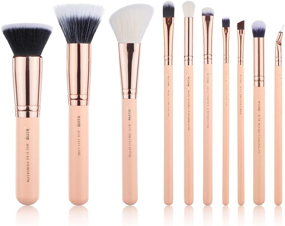 JessupBrush Set 10Pcs Flat Foundation Eyeliner Eye Brush Blending Concealer Makeup brushes Pink T453
