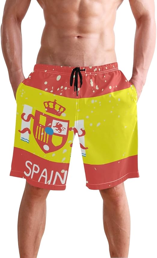 All3DPrint Spain Flag Men's Swim Trunks Water Beach Shorts with Pockets