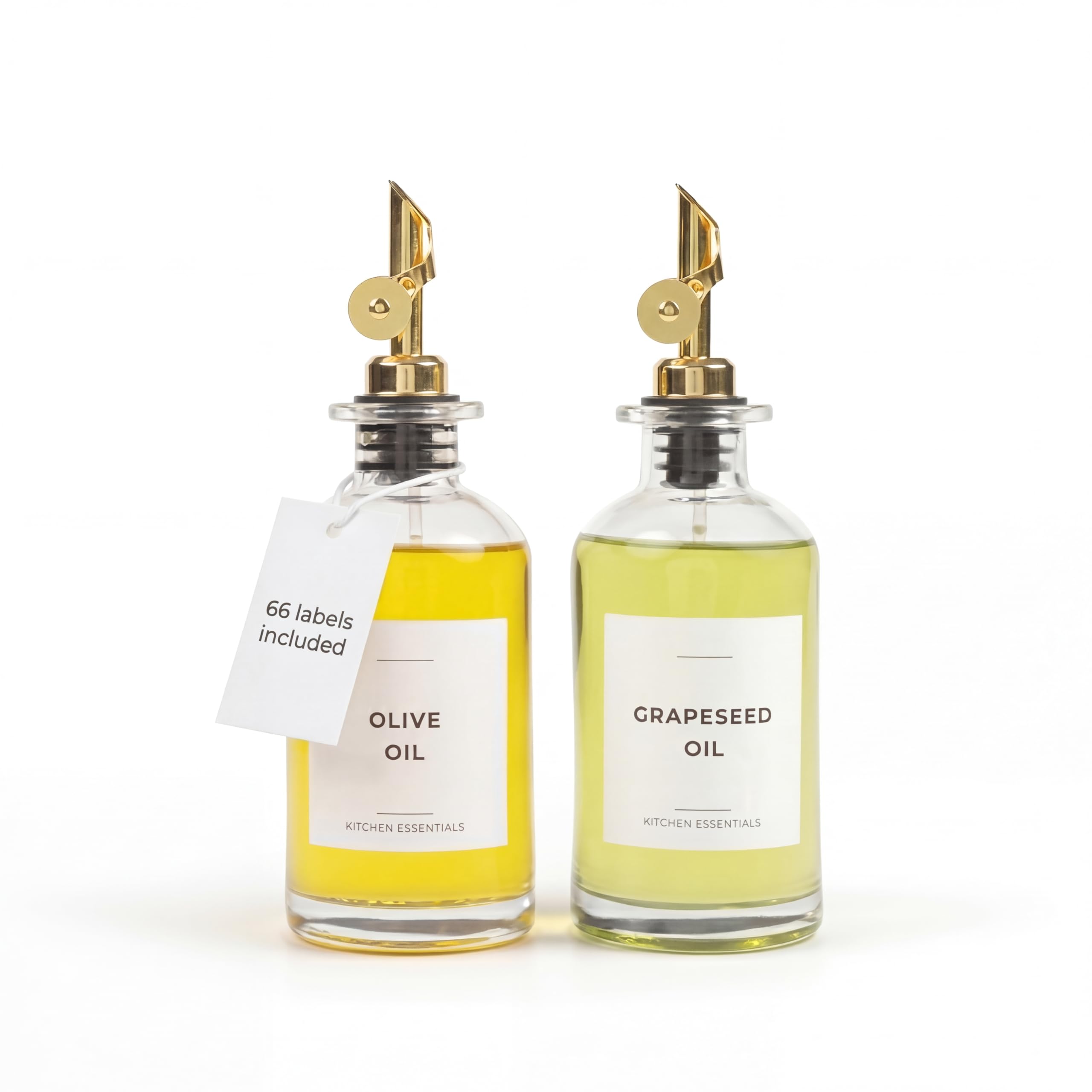 Spaceneat Oil Dispenser for Kitchen - Glass Olive Oil Bottle Set of 2 (11.8oz) with Gold Weighted Self-Closing Pourer - Cooking Oil Dispenser with 66 Labels, Aligner & Funnel
