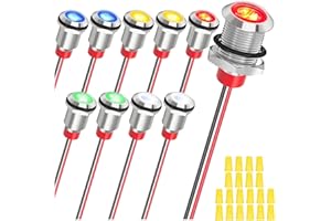 MKBKLLJY 10Pcs AC/DC12-24V LED Indicator Lights 10mm Waterproof Flat Head Indicator Signal Lamp 5Color(Red/Yellow/Blue/Green/White) with 150mm Cable Length Metal LED Indicator Light and Wiring Cap