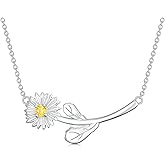 Reaii Daisy Necklace S925 Sterling Silver Daisy Pendant Necklace Natural Citrine Necklace Daisy Jewelry Christmas Birthday Gifts for Women Wife Mom Friends