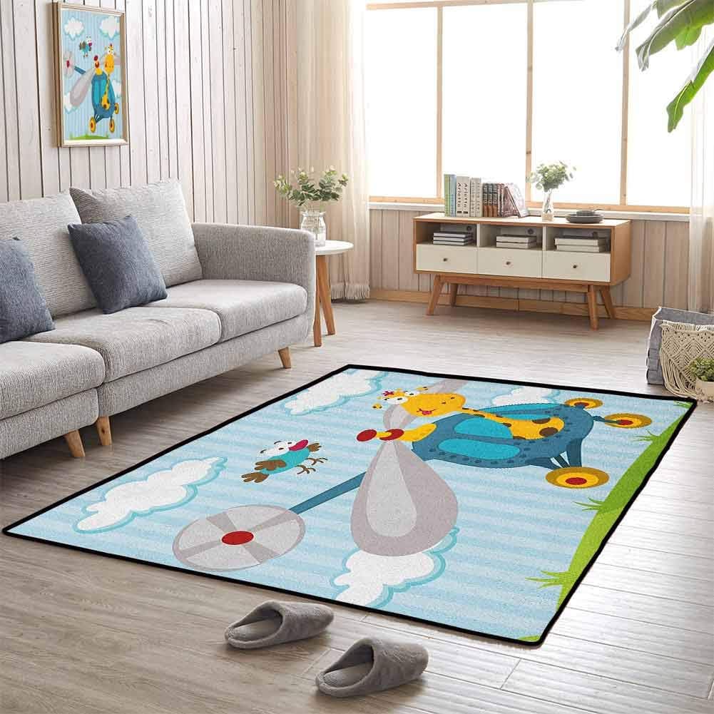 Conference Room Carpet, Anti-Skid Large Area Rugs Stylish in Design, Super Absorbent for Home Decorate, Nursery | Funny Giraffe and Bird on Helicopter Fluffy Clouds Grass Adventure Journey - 3'x5'