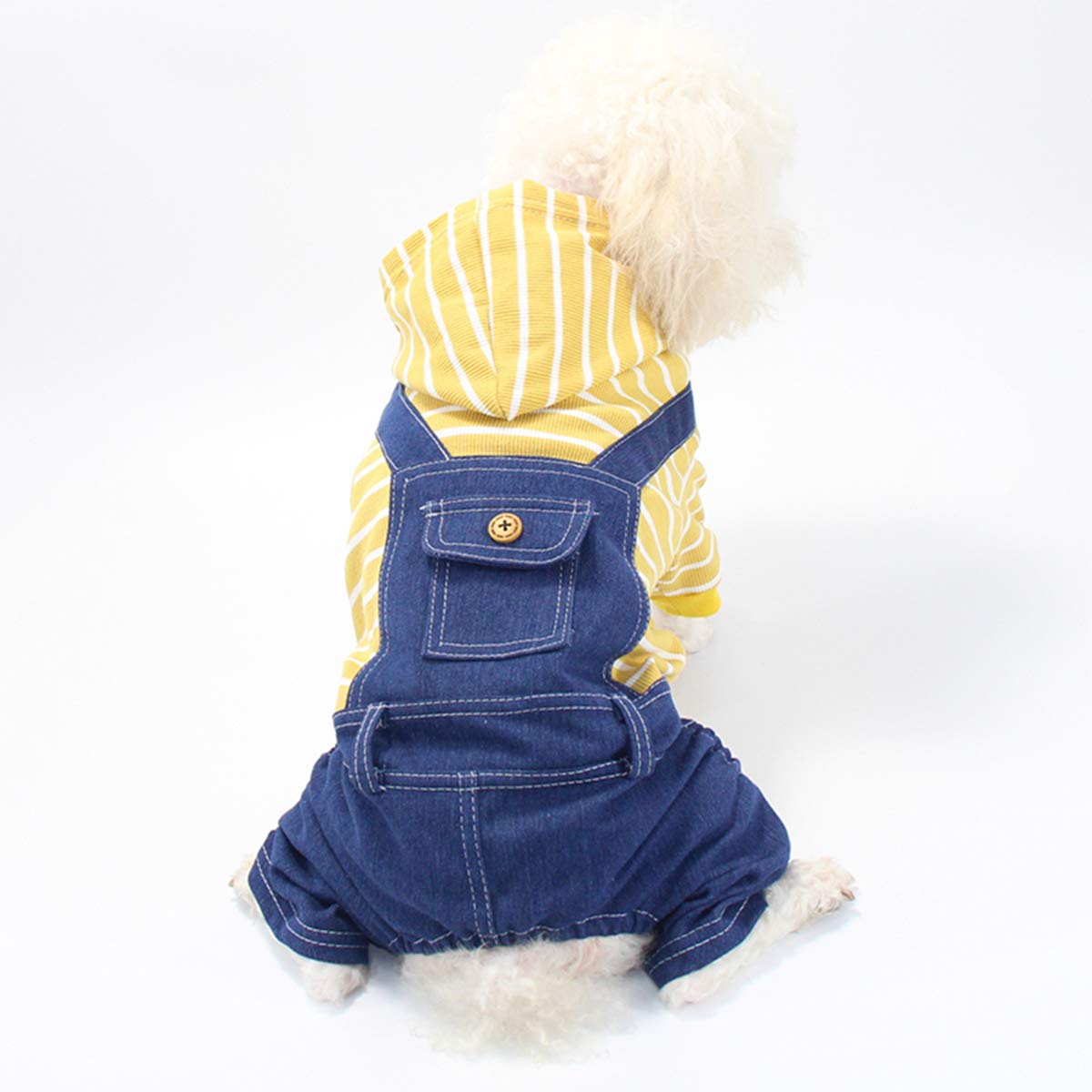 Ranvi Pet Denim Striped Dog Jumpsuit Puppy Cat Hoodie Four-legged Clothes Teddy Sweatshirt Jeans Overalls(Yellow,M)