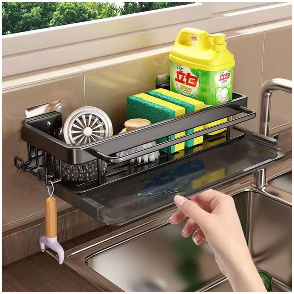 Axroad Mall Wall Mounted Kitchen Sink Caddy, No Drilling Sponge Holder for Sink Tidy, Washing Up Organiser with Removable Drip Tray and Hooks (Black)