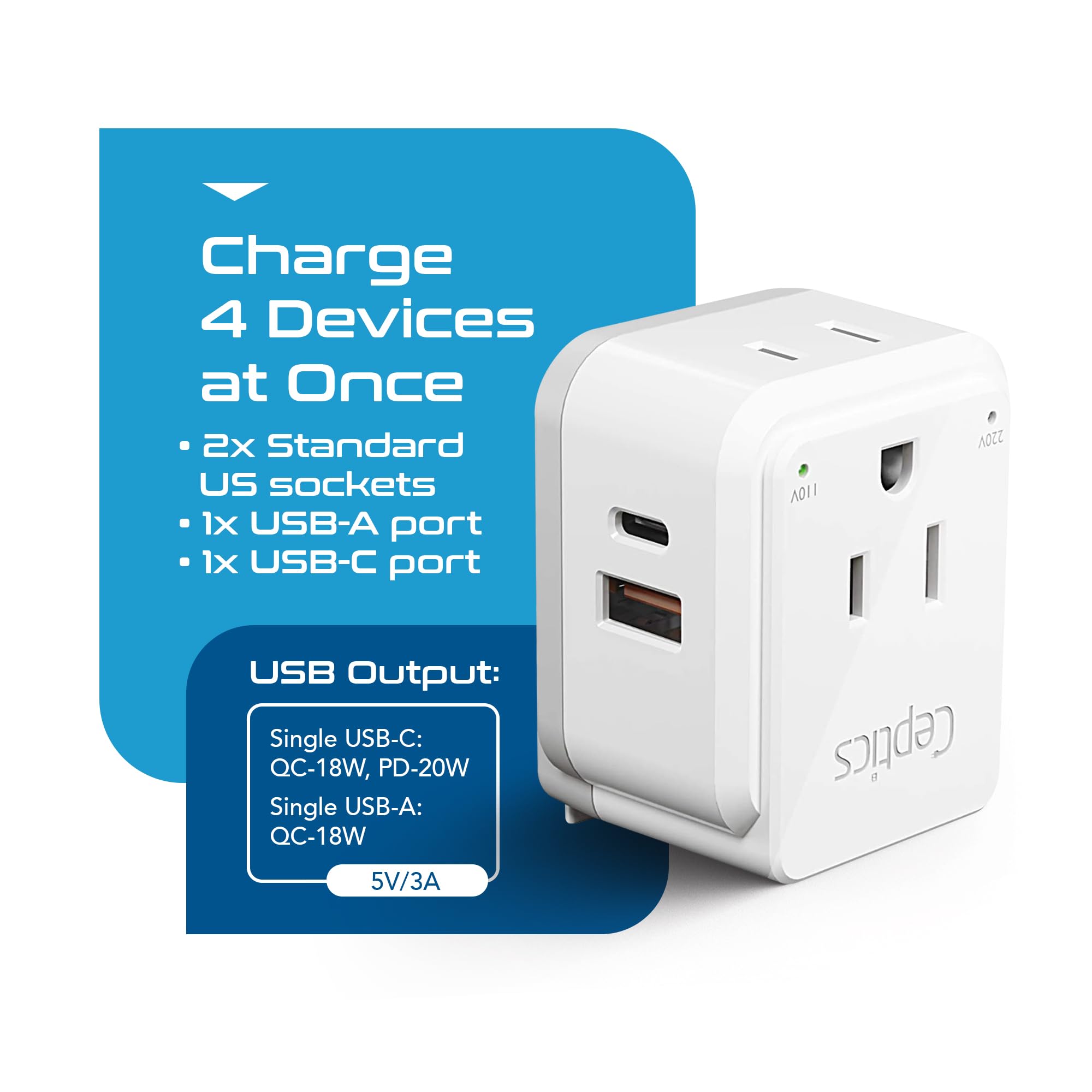 Ceptics International Power Plug Adapter Travel Set, 20W PD & QC, Safe Dual USB & USB-C 3.1A - 2 USA Outlet - Compact - Use Europe, Asia, Africa In Worldwide - Includes 13 Type SWadAPt Attachments