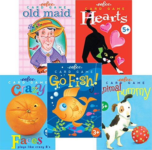 eeBoo Mini Classic Card Game Set for Kids, Animal Rummy, Hearts, Go Fish, Old Maid, and Crazy Faces