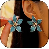 14K Gold Flower Earrings for Women, Large Double Petal Floral Statement Dangle Earrings Trendy Fancy Drop Earrings Jewelry