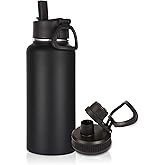 Volhoply 32 oz Insulated Water Bottle with Straw Lid and Spout Lid,Stainless Steel Sports Water Bottle,Double Wall Vacuum Cups,Leakproof Metal Flask with Wide Mouth for Hiking,Camping(Black,1)